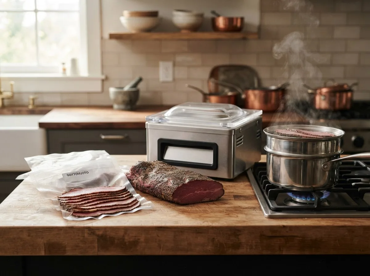 Buste di pastrami sottovuoto in acqua calda