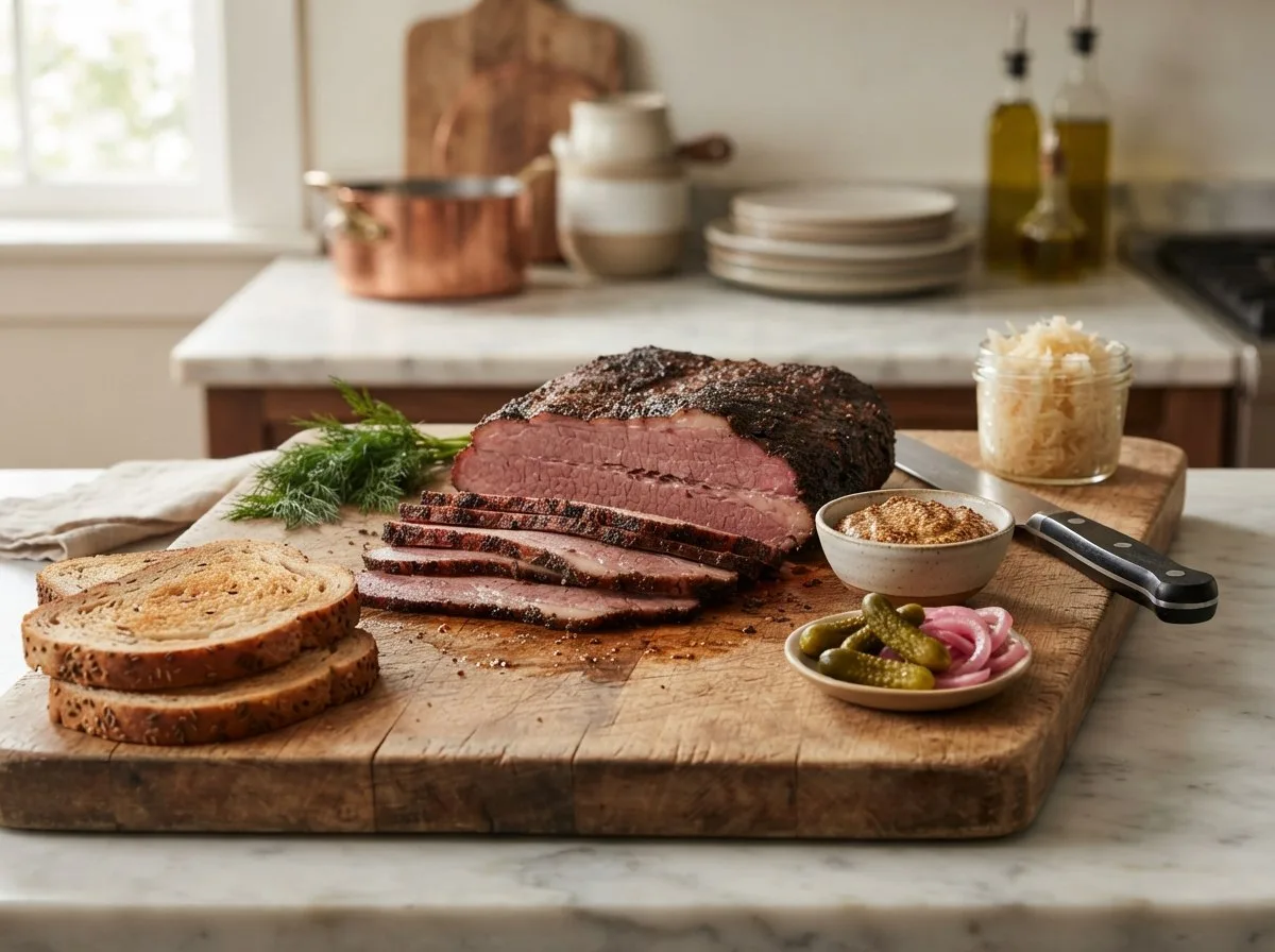 Tagliere in legno con pastrami affettato e cetriolini